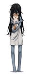  animal animal_hug bare_shoulders barefoot black_hair blue_skin closed_eyes commentary_request dirty dirty_clothes dog enoshito full_body hair_between_eyes long_hair looking_at_viewer orange_eyes shirt simple_background sleeveless solo standing white_background white_shirt 
