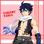  bad_id bad_pixiv_id blue_eyes blue_hair border character_name hachikou_nameko highres idolmaster idolmaster_side-m jewelry kanji looking_afar male_focus muscle navel necklace open_clothes open_vest red_background red_border scarf simple_background solo spiked_hair taiga_takeru vest 