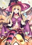  blonde_hair blue_eyes blush boots breasts breasts_apart candy cape choker cookie doughnut fang food full_moon halloween hat jack-o'-lantern large_breasts lollipop long_hair macaron moon navel original oversized_object red_ribbon ribbon ribbon_choker sitting skirt_hold solo striped striped_legwear thighhighs witch_hat wrapped_candy yukikaze_(aaassszzz) 