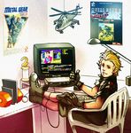  80s aircraft amano-g black_gloves blonde_hair blue_eyes box_art chair child creator_connection desk_lamp eli_(mgs) feet_on_table fourth_wall gloves helicopter lamp liquid_snake mecha metal_gear_(series) metal_gear_2 metal_gear_d metal_gear_solid_v mi-24 microcomputer mika_slayton msx oldschool parody pixelated playing_games poster_(object) promotional_art shorts sitting snatcher solo spoilers thumbs_up trophy video_game walker 