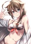  adapted_costume ahoge bare_shoulders bikini blue_eyes blush braid breasts brown_hair cleavage closed_mouth collarbone hair_flaps hair_ornament hair_over_shoulder hairpin kantai_collection large_breasts long_hair looking_at_viewer midriff navel off_shoulder open_clothes open_shirt remodel_(kantai_collection) shigure_(kantai_collection) shirt simple_background single_braid smile solo spread_fingers stomach swimsuit tai_(nazutai) underboob upper_body waving white_background white_shirt 