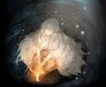  bandage_over_one_eye bandages bloodborne candle cloak dress fire flame from_above full_body gloves hands_together highres hnncho hood hooded_cloak long_hair looking_up parted_lips sitting snowing solo v_arms vicar_amelia white_gloves white_hair 