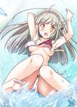  barefoot bikini braid breasts convenient_censoring cross_hair_ornament crown_braid feet hair_ornament long_hair medium_breasts mori_marimo orange_eyes rouche_(shironeko_project) shironeko_project silver_hair soles solo splashing swimsuit toes wardrobe_malfunction water 