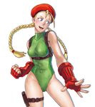  antenna_hair backpack bag beret blonde_hair blue_eyes braid breasts cammy_white clenched_hand covered_navel cowboy_shot elbow_gloves eyebrows fingerless_gloves gloves green_leotard hat highleg highleg_leotard leotard light_smile long_hair medium_breasts nobubu red_gloves solo street_fighter street_fighter_v thigh_pouch twin_braids 