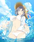  1girl blue_eyes blush breasts grey_hair hat high_res highres large_breasts looking_at_viewer navel one_eye_closed open_clothes open_mouth senran_kagura smile solo standing swimsuit waifu2x yumi_(senran_kagura) 