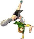  bike_shorts breasts brown_eyes brown_hair crop_top dancing duplicate foreshortening full_body green_jacket handstand houndstooth jacket midriff official_art open_clothes open_jacket open_mouth persona persona_4 persona_4:_dancing_all_night persona_dancing pleated_skirt satonaka_chie shoes short_hair skirt small_breasts sneakers socks soejima_shigenori solo transparent_background upside-down wristband 