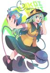  :d alternate_hair_length alternate_hairstyle anarogumaaa black_footwear blush boots bow dutch_angle fingernails from_above full_body green_eyes green_hair green_skirt hat hat_bow heart heart_of_string holding komeiji_koishi long_hair looking_at_viewer open_mouth outstretched_arm phone rotary_phone short_sleeves skirt smile solo stitches talking_on_phone teeth third_eye touhou yellow_bow 