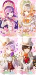  2girls :d add_(elsword) aisha_(elsword) black_hair bonnet bow bridal_gauntlets brooch cherry_blossoms cravat cup detached_collar detached_sleeves elsword eve_(elsword) flower formal gloves hat jewelry long_hair looking_at_viewer multiple_boys multiple_girls myoya open_mouth orange_bow orange_flower orange_rose petals pink_bow plate purple_eyes purple_flower purple_hair purple_rose raven_(elsword) rose smile striped striped_bow suit teacup top_hat white_gloves white_hair white_hat yellow_eyes 