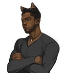  animal_ears beard bisouette black_hair black_panther_(marvel) black_shirt brown_eyes captain_america_civil_war cat_ears catboy crossed_arms dark_skin dark_skinned_male extra_ears facial_hair frown jewelry kemonomimi_mode male_focus marvel necklace shirt simple_background solo t'challa upper_body white_background 