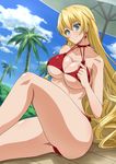  alternate_hairstyle bare_shoulders bikini blonde_hair blue_eyes blush breasts claire_harvey cloud collarbone day earrings highres hundred jewelry large_breasts long_hair looking_at_viewer namakemono_(u446644k) palm_tree red_bikini sitting sky smile solo swimsuit tree 