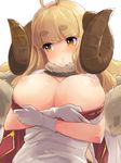  :o ahoge anila_(granblue_fantasy) bangs blonde_hair blunt_bangs breast_hold breasts breasts_outside draph eyebrows eyebrows_visible_through_hair gloves granblue_fantasy horns large_breasts long_hair nipples sheep_horns simple_background solo tetsujin_momoko thick_eyebrows upper_body white_background white_gloves 