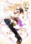  ahoge blonde_hair boots breasts cleavage emo_(ricemo) flower garter_straps large_breasts long_hair one_eye_closed purple_eyes ribbon rwby solo sunflower thighhighs vambraces yang_xiao_long 