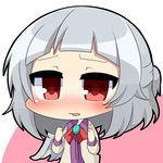  bangs blunt_bangs blush chibi commentary_request crazy_eyes kishin_sagume open_mouth red_eyes silver_hair single_wing solo touhou twumi wavy_mouth wings 