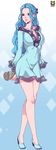  abstract_background blue_hair blue_shoes breasts brown_eyes dress embroidery floral_print full_body kyoffie large_breasts long_hair long_sleeves nefertari_vivi newspaper one_piece princess smile solo walking 
