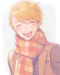  blonde_hair blue_background blush closed_eyes idolmaster idolmaster_side-m maita_rui male_focus nona_(831korokke) open_mouth scarf smile solo upper_body winter_clothes 