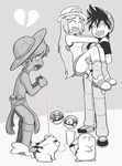  1boy 2girls :d blue_(pokemon) carrying chuchu couple ditto espeon monochrome multiple_girls netorare pikachu pokemon pokemon_special princess_carry red_(pokemon) rejection sex sketch yellow_(pokemon) 