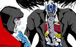  autobot cowering decepticon formal glowing kamizono_(spookyhouse) machine machinery male_focus mecha multiple_boys no_humans open_mouth optimus_prime robot scared science_fiction starscream suit sunglasses surprised tears transformers 