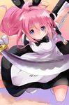  absurdres apron blue_eyes denizen_tomo gloves gun highres hoihoi-san ichigeki_sacchuu!!_hoihoi-san katana long_hair maid minigirl pink_hair pointy_ears solo sword weapon 