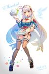  2016 alternate_eye_color alternate_hair_color apron black_footwear black_panties blue_hair blue_sleeves bow breasts cleavage dated detached_collar detached_sleeves drinking_straw ecell elsword full_body glass gradient_hair heart large_breasts long_hair looking_at_viewer multicolored_hair panties pointy_ears red_bow rena_(elsword) sheer_legwear shoes side-tie_panties signature skirt skirt_lift smile solo standing thigh_strap thighhighs tray underwear upskirt waitress white_background white_hair yellow_eyes 