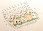  bad_id bad_twitter_id beak closed_eyes egg_carton gen_7_pokemon highres mei_(maysroom) no_humans open_mouth pokemon pokemon_(creature) rowlet simple_background sleeping smile 