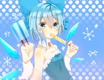  alternate_costume bad_id bad_twitter_id bare_shoulders blue_dress blue_eyes blue_hair blue_ribbon bow cirno dress fairy_wings food hair_bow ice ice_wings polka_dot polka_dot_background popsicle ribbon short_hair solo touhou varyu wings wrist_cuffs 