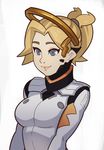  blonde_hair blue_eyes breasts lips long_hair medium_breasts mercy_(overwatch) overwatch smile solo splashbrush 