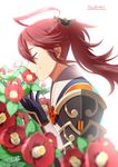  ahoge artist_name camellia character_name closed_eyes fire_emblem fire_emblem_if flower fuzuki_yuu gloves leaf long_hair male_focus ponytail red_hair simple_background solo tsubaki_(fire_emblem_if) white_background 