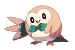  beak bird black_eyes bluekomadori blush full_body gen_7_pokemon highres leaf looking_at_viewer no_humans open_mouth owl pokemon pokemon_(creature) rowlet simple_background smile solo spread_wings standing talons white_background 