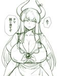 anger_vein breasts cleavage dress ex-keine horn_ribbon horns huge_breasts kamishirasawa_keine long_hair monochrome ribbon short_sleeves sketch solo space_jin touhou translated 