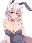  animal_ears bangs black_legwear blush bow bowtie breasts bunny_ears bunnysuit cleavage collarbone detached_collar fake_animal_ears hair_between_eyes hasu_(hk_works) inubashiri_momiji large_breasts looking_at_viewer pantyhose red_bow red_eyes red_neckwear short_hair simple_background solo sweatdrop tail touhou triangle_mouth white_background white_hair wolf_ears wolf_tail wrist_cuffs 