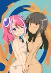  2girls bikini black_hair blue_eyes blush breast_press breasts dark_skin hiiragi_yuzu kotsu_masumi multicolored_hair multiple_girls pink_hair red_eyes two-tone_hair yu-gi-oh! yuu-gi-ou_arc-v 