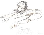  alphonse_(white_datura) ass full_body gymnast_leotard leaning_forward leotard long_hair monochrome original outstretched_arms plantar_flexion ponytail ribbon sitting sketch solo spread_legs stretch white_background 