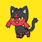  :d artist_name fangs full_body gen_7_pokemon huiro litten no_humans open_mouth pointy_ears pokemon pokemon_(creature) red_eyes simple_background smile solo standing teeth v-shaped_eyebrows yellow_background yellow_sclera 