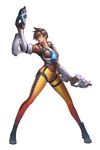  banned_artist bodysuit brown_gloves brown_hair dual_wielding gloves goggles gun handgun holding jacket long_legs looking_away orange_bodysuit overwatch short_hair simple_background smile solo spiked_hair tracer_(overwatch) weapon white_background yinan_cui 