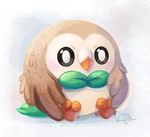  beak bird black_eyes bright_pupils eric_proctor feathers full_body gen_7_pokemon grey_background leaf no_humans owl pokemon pokemon_(creature) rowlet signature sitting solo talons 