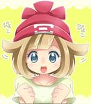  bangs blonde_hair blue_eyes blush hair_flaps hat mizuki_(pokemon) momosemocha open_mouth pokemon pokemon_(game) pokemon_sm portrait simple_background solo yellow_background 