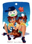  1girl beanie blue_eyes brown_hair female_protagonist_(pokemon_sm) hat litten male_protagonist_(pokemon_sm) nintendo nintendo_3ds pokemon pokemon_(game) pokemon_sm popplio powlet projecttiger sitting smile 