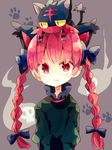  :3 animal_ears bangs black_bow blush bow braid cat_ears dress fang_out gen_7_pokemon ghost green_dress hair_bow kaenbyou_rin litten long_hair long_sleeves looking_at_viewer nikorashi-ka paw_print pokemon pokemon_(creature) pokemon_(game) pokemon_sm red_eyes red_hair simple_background skull smile touhou twin_braids upper_body 