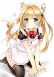  abukuma_(kantai_collection) alternate_costume bad_id bad_pixiv_id bell black_legwear blonde_hair blue_eyes blush cat_tail enmaided hair_rings kantai_collection long_hair maid nikoo no_shoes solo tail tail_bell thighhighs twintails 