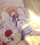  ahoge alternate_costume artoria_pendragon_(all) bad_id bad_pixiv_id bangs bed blanket blonde_hair blue_eyes blue_ribbon blue_skirt box candy cowboy_shot curtains eyebrows eyebrows_visible_through_hair eyelashes fate/stay_night fate_(series) floral_print flower food gift gift_box highres looking_at_viewer loose_clothes loose_shirt lying miniskirt mizu_(dl7613) mouth_hold on_back on_bed petals pillow pleated_skirt red_flower red_ribbon red_rose ribbon ribbon_in_mouth rose saber school_uniform serafuku shade shirt skirt sleeves_past_wrists solo spread_legs 