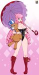  bangs blush boots female full_body kyoffie looking_at_viewer one_piece open_mouth perona pigeon-toed pink_hair solo standing swimsuit 