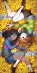  androgynous bandaid bandaid_on_knee brown_hair chara_(undertale) closed_eyes collared_shirt flower_bed frisk_(undertale) hakyeong_sung heart heart_necklace highres jewelry knife lying multiple_others necklace parted_lips partially_colored red_eyes shirt shoes shorts smile socks spoilers stick striped striped_shirt symmetry undertale 