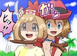  blue_eyes brown_hair commentary_request hat long_hair lowres mizuki_(pokemon) multiple_girls open_mouth pokemoa pokemon pokemon_(anime) pokemon_(game) pokemon_sm pokemon_xy_(anime) serena_(pokemon) sleeveless_duster smile translated twig 