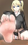  1girl absurdres barefoot blonde_hair blue_eyes feet hayasaka_ai highres kaguya-sama_wa_kokurasetai_~tensai-tachi_no_renai_zunousen~ long_hair looking_at_viewer panties pantyshot parted_lips pov pov_feet side_ponytail sitting sketch soles steam toes underwear 