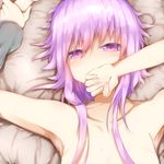  1girl armpits arms_up bed_sheet blush boy_on_top breasts collarbone covering_mouth from_above head_tilt long_hair long_sleeves nude out-of-frame_censoring pink_hair purple_hair short_hair_with_long_locks sidelocks small_breasts solo_focus sorahachi_(sora823) sweatdrop upper_body vocaloid voiceroid wrist_grab yuzuki_yukari 