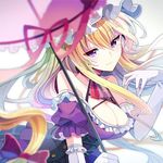  blonde_hair breasts cleavage corset elbow_gloves fruit_punch gloves hair_ribbon hat long_hair mob_cap parasol purple_eyes ribbon solo touhou umbrella yakumo_yukari 