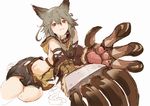  :3 animal_ears arm_strap arm_support belt blush claw_(weapon) collar cowboy_shot erune flipped_hair foreshortening gloves granblue_fantasy grey_hair hip_vent hood long_hair looking_at_viewer lying miniskirt on_side outstretched_arm partially_colored paw_gloves paw_pose paws pleated_skirt red_eyes sen_(granblue_fantasy) skirt so-bin solo weapon 