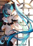  absurdres aqua_hair artist_name black_bra black_panties blue_eyes book bookshelf bra budinger choker hatsune_miku highres lips long_hair looking_at_viewer navel panties shirt_lift solo thighhighs twintails underwear very_long_hair vocaloid window 