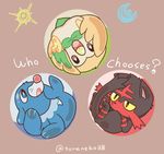  crescent gen_7_pokemon in_container litten no_humans poke_ball pokemon pokemon_(creature) popplio rowlet simple_background sun_(symbol) toraneko_(38) twitter_username 