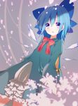  absurdres alternate_costume bad_id bad_twitter_id blue_hair bow bowtie cirno dress fairy_wings hair_bow highres ice ice_wings long_sleeves petals red_bow red_neckwear solo touhou varyu wide_sleeves wings 